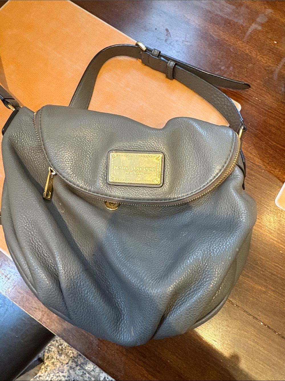Marc Jacobs Slate Gray Pebbled Leather Shoulder Bag with Gold Plate